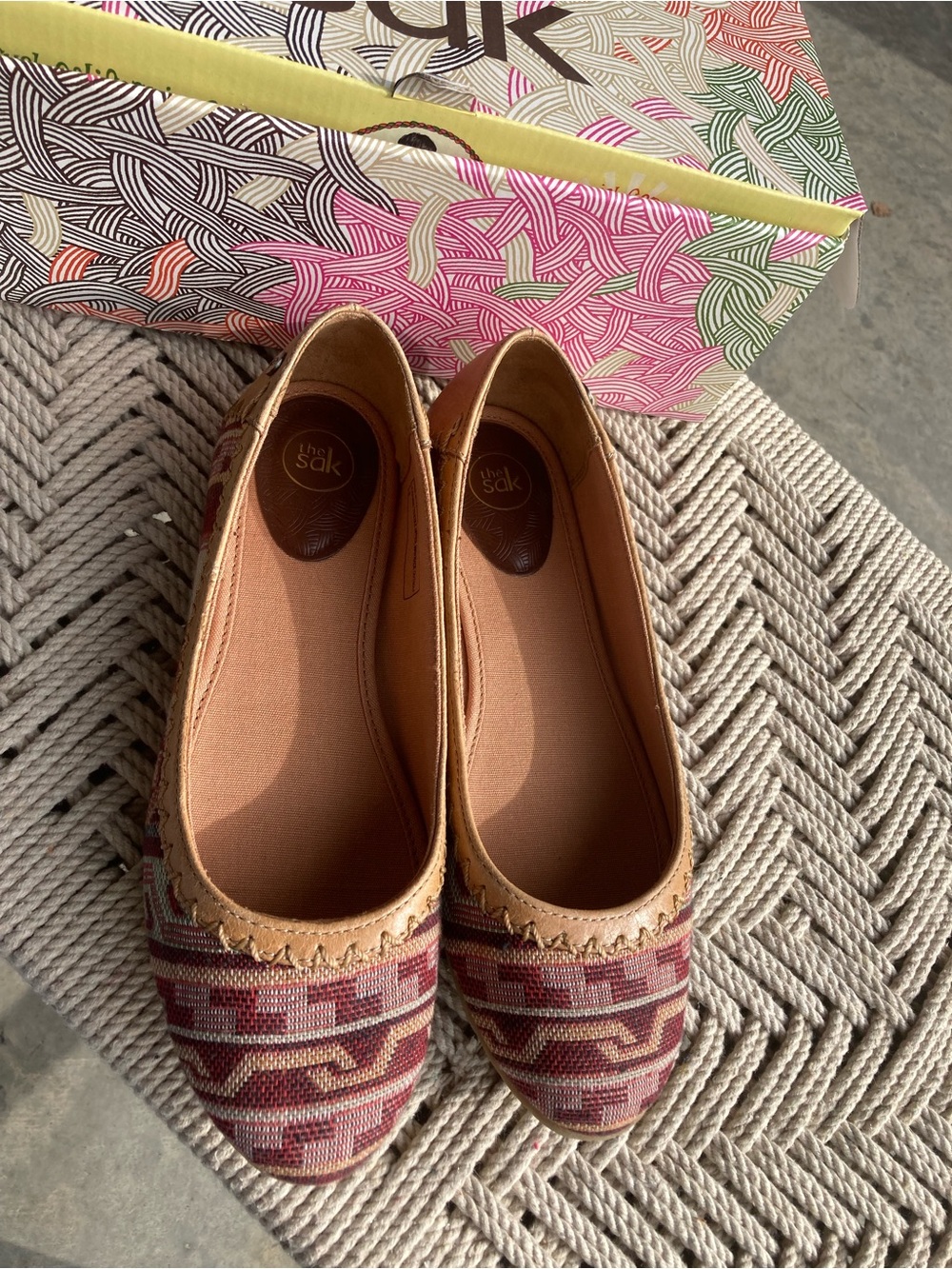 NIB The Sak Women's Patterned Canvas Ballet Flats in Maroon and Tan